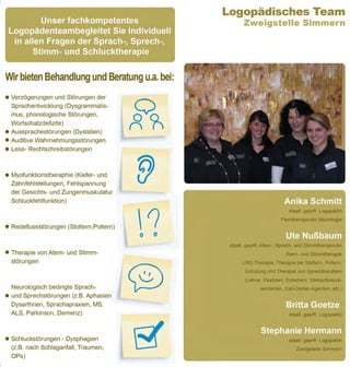 Logopädisches Team
          Unser fachkompetentes                          Zweigstelle Simmern
 Logopädenteambegleitet Sie individuell
  in allen Fragen der Sprach-, Sprech-,
        Stimm- und Schlucktherapie


Wir bieten Behandlung und Beratung u.a. bei:
• Verzögerungen und Störungen der
  Sprachentwicklung (Dysgrammatis-
  mus, phonologische Störungen,
  Wortschatzdefizite )
• Aussprachestörungen (Dyslalien)
• Auditive Wahrnehmungsstörungen
• Lese- Rechtschreibstörungen



• Myofunktionstheraphie (Kiefer- und
  Zahnfehlstellungen, Fehlspannung
  der Gesichts- und Zungenmuskulatur
  Schluckfehlfunktion)



                                          0
                                                                              staatl. geprft. Logopädin
                                                                          Fachtherapeutin Neurologie
• Redeflussstörungen (Stottern,Poltern)
                                          o   0
                                                   staatl. geprft. Atem-, Sprech- und Stimmtherapeutin
• Therapie von Atem- und Stimm-                                             Atem- und Stimmtherapie
  störungen                                              LRS-Therapie; Therapie bei Stottern, Poltern,
                                                          Schulung und Therapie von Sprechberuflern
                                                          (Lehrer, Pastoren, Erziehern, Verkaufsreprä-
  Neurologisch bedingte Sprach-                                  sentanten, Call-Center-Agenten, etc.)
• und Sprechstörungen (z.B. Aphasien
  Dysarthrien, Sprachapraxien, MS,
  ALS, Parkinson, Demenz)



• Schluckstörungen - Dysphagien                                               staatl. geprft. Logopädin
  (z.B. nach Schlaganfall, Traumen,                                              Zweigstelle Simmern
  OPs)
 