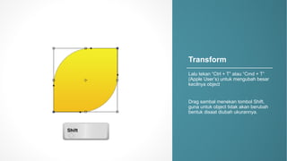 Transform
Lalu tekan “Ctrl,+,T”,atau “Cmd +,T”,
(Apple,User’s),untuk mengubah besar
kecilnya object
Drag,sambal,menekan tombol Shift,,
guna untuk object,tidak akan berubah
bentuk disaat diubah ukurannya.
 