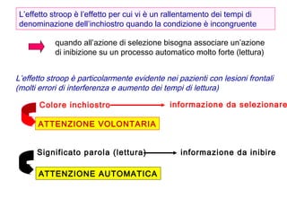 L’effetto stroop è l’effetto per cui vi è un rallentamento dei tempi di
denominazione dell’inchiostro quando la condizione è incongruente
quando all’azione di selezione bisogna associare un’azione
di inibizione su un processo automatico molto forte (lettura)
L’effetto stroop è particolarmente evidente nei pazienti con lesioni frontali
(molti errori di interferenza e aumento dei tempi di lettura)
Significato parola (lettura) informazione da inibire
ATTENZIONE AUTOMATICA
informazione da selezionare
ATTENZIONE VOLONTARIA
Colore inchiostro
 