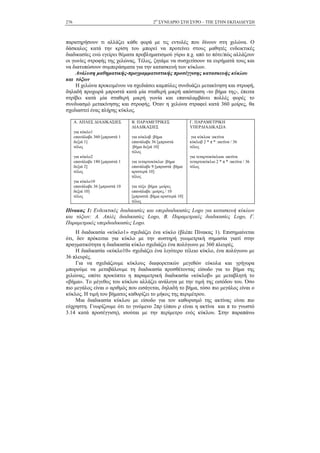2Ο
ΣΥΝΕ∆ΡΙΟ ΣΤΗ ΣΥΡΟ – ΤΠΕ ΣΤΗΝ ΕΚΠΑΙ∆ΕΥΣΗ276
παρατηρήσουν τι αλλάζει κάθε φορά µε τις εντολές που δίνουν στη χελώνα. Ο
δάσκαλος κατά την κρίση του µπορεί να προτείνει στους µαθητές ενδεικτικές
διαδικασίες ενώ εγείρει θέµατα προβληµατισµού γύρω π.χ. από το πότε/πώς αλλάζουν
οι γωνίες στροφής της χελώνας. Τέλος, ζητάµε να συσχετίσουν τα ευρήµατά τους και
να διατυπώσουν συµπεράσµατα για την κατασκευή των κύκλων.
Ανάλυση µαθηµατικής-προγραµµατιστικής προσέγγισης κατασκευής κύκλου
και τόξων
Η χελώνα προκειµένου να σχεδιάσει καµπύλες συνδυάζει µετακίνηση και στροφή,
δηλαδή προχωρά µπροστά κατά µία σταθερή µικρή απόσταση -το βήµα της-, έπειτα
στρίβει κατά µία σταθερή µικρή γωνία και επαναλαµβάνει πολλές φορές το
συνδυασµό µετακίνησης και στροφής. Όταν η χελώνα στραφεί κατά 360 µοίρες, θα
σχεδιαστεί ένας πλήρης κύκλος.
Α. ΑΠΛΕΣ ∆ΙΑ∆ΙΚΑΣΙΕΣ
για κύκλο1
επανάλαβε 360 [µπροστά 1
δεξιά 1]
τέλος
για κύκλο2
επανάλαβε 180 [µπροστά 1
δεξιά 2]
τέλος
για κύκλο10
επανάλαβε 36 [µπροστά 10
δεξιά 10]
τέλος
Β. ΠΑΡΑΜΕΤΡΙΚΕΣ
∆ΙΑ∆ΙΚΑΣΙΕΣ
για κύκλοβ :βήµα
επανάλαβε 36 [µπροστά
:βήµα δεξιά 10]
τέλος
για τεταρτοκύκλιο :βήµα
επανάλαβε 9 [µπροστά :βήµα
αριστερά 10]
τέλος
για τόξο :βήµα :µοίρες
επανάλαβε :µοίρες / 10
[µπροστά :βήµα αριστερά 10]
τέλος
Γ. ΠΑΡΑΜΕΤΡΙΚΗ
ΥΠΕΡ∆ΙΑ∆ΙΚΑΣΙΑ
για κύκλοα :ακτίνα
κύκλοβ 2 * π * :ακτίνα / 36
τέλος
για τεταρτοκύκλιοα :ακτίνα
τεταρτοκύκλιο 2 * π * :ακτίνα / 36
τέλος
Πίνακας 1: Ενδεικτικές διαδικασίες και υπερδιαδικασίες Logo για κατασκευή κύκλων
και τόξων: Α. Απλές διαδικασίες Logo, Β. Παραµετρικές διαδικασίες Logo, Γ.
Παραµετρικές υπερδιαδικασίες Logo.
Η διαδικασία «κύκλο1» σχεδιάζει ένα κύκλο (βλέπε Πίνακας 1). Επισηµαίνεται
ότι, δεν πρόκειται για κύκλο µε την αυστηρή γεωµετρική σηµασία γιατί στην
πραγµατικότητα η διαδικασία κύκλο σχεδιάζει ένα πολύγωνο µε 360 πλευρές.
Η διαδικασία «κύκλο10» σχεδιάζει ένα λιγότερο τέλειο κύκλο, ένα πολύγωνο µε
36 πλευρές.
Για να σχεδιάζουµε κύκλους διαφορετικών µεγεθών εύκολα και γρήγορα
µπορούµε να µεταβάλουµε τη διαδικασία προσθέτοντας είσοδο για το βήµα της
χελώνας, οπότε προκύπτει η παραµετρική διαδικασία «κύκλοβ» µε µεταβλητή το
«βήµα». Το µέγεθος του κύκλου αλλάζει ανάλογα µε την τιµή της εισόδου του. Όσο
πιο µεγάλος είναι ο αριθµός που εισάγεται, δηλαδή το βήµα, τόσο πιο µεγάλος είναι ο
κύκλος. Η τιµή του βήµατος καθορίζει το µήκος της περιµέτρου.
Μια διαδικασία κύκλου µε είσοδο για τον καθορισµό της ακτίνας είναι πιο
εύχρηστη. Γνωρίζουµε ότι το γινόµενο 2πρ (όπου ρ είναι η ακτίνα και π το γνωστό
3.14 κατά προσέγγιση), ισούται µε την περίµετρο ενός κύκλου. Στην παραπάνω
 