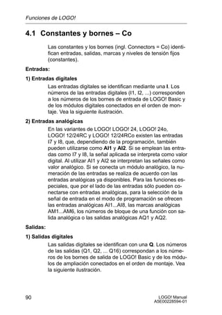 Funciones de LOGO!

4.1 Constantes y bornes – Co
           Las constantes y los bornes (ingl. Connectors = Co) identi-
           fican entradas, salidas, marcas y niveles de tensión fijos
           (constantes).
Entradas:
1) Entradas digitales
         Las entradas digitales se identifican mediante una I. Los
         números de las entradas digitales (I1, I2, ...) corresponden
         a los números de los bornes de entrada de LOGO! Basic y
         de los módulos digitales conectados en el orden de mon-
         taje. Vea la siguiente ilustración.
2) Entradas analógicas
         En las variantes de LOGO! LOGO! 24, LOGO! 24o,
         LOGO! 12/24RC y LOGO! 12/24RCo existen las entradas
         I7 y I8, que, dependiendo de la programación, también
         pueden utilizarse como AI1 y AI2. Si se emplean las entra-
         das como I7 y I8, la señal aplicada se interpreta como valor
         digital. Al utilizar AI1 y AI2 se interpretan las señales como
         valor analógico. Si se conecta un módulo analógico, la nu-
         meración de las entradas se realiza de acuerdo con las
         entradas analógicas ya disponibles. Para las funciones es-
         peciales, que por el lado de las entradas sólo pueden co-
         nectarse con entradas analógicas, para la selección de la
         señal de entrada en el modo de programación se ofrecen
         las entradas analógicas AI1...AI8, las marcas analógicas
         AM1...AM6, los números de bloque de una función con sa-
         lida analógica o las salidas analógicas AQ1 y AQ2.
Salidas:
1) Salidas digitales
         Las salidas digitales se identifican con una Q. Los números
         de las salidas (Q1, Q2, ... Q16) correspondan a los núme-
         ros de los bornes de salida de LOGO! Basic y de los módu-
         los de ampliación conectados en el orden de montaje. Vea
         la siguiente ilustración.




90                                                        LOGO! Manual
                                                        A5E00228594-01
 