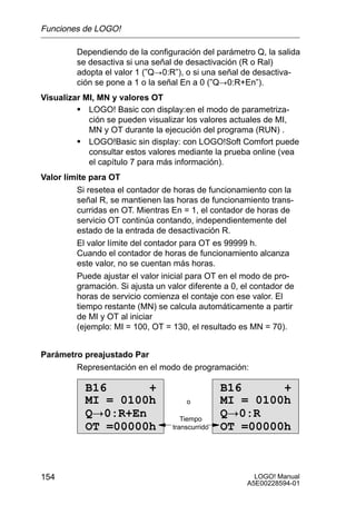 Funciones de LOGO!

         Dependiendo de la configuración del parámetro Q, la salida
         se desactiva si una señal de desactivación (R o Ral)
         adopta el valor 1 (”Q!0:R”), o si una señal de desactiva-
         ción se pone a 1 o la señal En a 0 (”Q!0:R+En”).
Visualizar MI, MN y valores OT
         S LOGO! Basic con display:en el modo de parametriza-
            ción se pueden visualizar los valores actuales de MI,
            MN y OT durante la ejecución del programa (RUN) .
         S LOGO!Basic sin display: con LOGO!Soft Comfort puede
            consultar estos valores mediante la prueba online (vea
            el capítulo 7 para más información).
Valor límite para OT
         Si resetea el contador de horas de funcionamiento con la
         señal R, se mantienen las horas de funcionamiento trans-
         curridas en OT. Mientras En = 1, el contador de horas de
         servicio OT continúa contando, independientemente del
         estado de la entrada de desactivación R.
         El valor límite del contador para OT es 99999 h.
         Cuando el contador de horas de funcionamiento alcanza
         este valor, no se cuentan más horas.
         Puede ajustar el valor inicial para OT en el modo de pro-
         gramación. Si ajusta un valor diferente a 0, el contador de
         horas de servicio comienza el contaje con ese valor. El
         tiempo restante (MN) se calcula automáticamente a partir
         de MI y OT al iniciar
         (ejemplo: MI = 100, OT = 130, el resultado es MN = 70).


Parámetro preajustado Par
        Representación en el modo de programación:

           B16      +                             B16      +
           MI = 0100h                  o          MI = 0100h
           Q!0:R+En                   Tiempo
                                                  Q!0:R
           OT =00000h              transcurrido   OT =00000h



154                                                      LOGO! Manual
                                                       A5E00228594-01
 