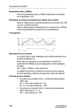 Funciones de LOGO!

Parámetros Gain y Offset
        Para los parámetros Gain y Offset, obsérvese lo indicado
        en el apartado 4.3.6.
Parámetro p (número de posiciones detrás de la coma)
        Sólo es válido para la representación de los valores On, Off
        y Ax en un texto de aviso.
        ¡No es válido para la comparación con valores On y Off! (El
        punto representado se ignora en la comparación.)
Cronograma

         1000

          Off
          Off
          Ax    0



           Q

Descripción de la función
        La función lee el valor analógico de la señal presente en la
        entrada analógica Ax.
        Este valor se multiplica con el parámetro A (Gain). El
        parámetro B (Offset) se suma después al valor analógico,
        es decir
        (Ax  Gain) + Offset = valor actual Ax.
        La salida Q se activa o reinicia en función de los valores
        umbral ajustados. Observe la siguiente norma de cálculo.
Fórmula para el cálculo
        S Si umbral de conexión (On)  umbral de desconexión
           (Off), rige:
           Q = 1, si el valor actual Ax  On
           Q = 0, si el valor actual Ax  Off.
        S Si umbral de conexión (On)  umbral de desconexión
           (Off), entonces Q = 1, si
           On  valor actual Ax  Off.




160                                                     LOGO! Manual
                                                      A5E00228594-01
 