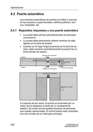 Aplicaciones

8.2 Puerta automática
         Los controles automáticos de puertas se hallan a menudo
         en los accesos a supermercados, edificios públicos, ban-
         cos, hospitales, etc.

8.2.1 Requisitos impuestos a una puerta automática
         S La puerta debe abrirse automáticamente al acercarse
               una persona.
         S La puerta debe permanecer abierta mientras se halle
           alguien en la zona de acceso.
         S Cuando ya no haya ninguna persona en la zona de ac-
           ceso, debe cerrarse automáticamente la puerta tras un
           breve tiempo de espera.
                              Detector de movimiento
         exterior                  B1

                     ÌÌÌÌÌÑÑÑÑÑ    S1     Interruptor - S2
                                          final cerrado
                                                                Interruptor final
                                                                abierto

         interior                 B2                         Q1 Interruptor principal
                               Detector de movimiento


                               Detector de movimiento


                         ÌÌÌÌÑÑÑÑ
                         ÌÌÌÌÑÑÑÑ
                         ÌÌÌÌÑÑÑÑ
                         ÌÌÌÌÑÑÑÑ                                Interruptor principal


                         ÌÌÌÌÑÑÑÑ
                         ÌÌÌÌÑÑÑÑ
                         ÌÌÌÌÑÑÑÑ
                         ÌÌÌÌÑÑÑÑ
         La mayoría de las veces, la puerta es accionada por un
         motor que la desplaza a través de un acoplamiento
         elástico. Se evitan así las posibles lesiones de personas
         que queden aprisionadas. El control entero está conectado
         a la red a través de un interruptor principal.



232                                                                      LOGO! Manual
                                                                       A5E00228594-01
 