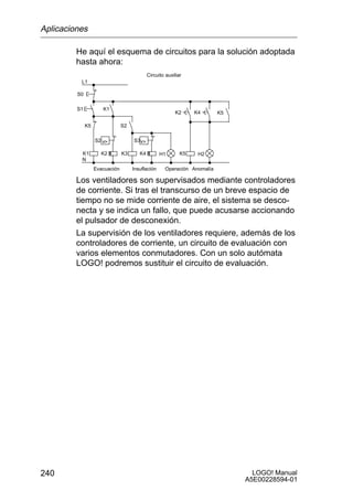 Aplicaciones

         He aquí el esquema de circuitos para la solución adoptada
         hasta ahora:
                                             Circuito auxiliar
          L1

         S0

         S1           K1
                                                          K2      K4       K5

              K5                S2

                   S2 v             S3 v

          K1         K2         K3      K4         H1        K5    H2
          N
                   Evacuación        Insuflación      Operación Anomalía

         Los ventiladores son supervisados mediante controladores
         de corriente. Si tras el transcurso de un breve espacio de
         tiempo no se mide corriente de aire, el sistema se desco-
         necta y se indica un fallo, que puede acusarse accionando
         el pulsador de desconexión.
         La supervisión de los ventiladores requiere, además de los
         controladores de corriente, un circuito de evaluación con
         varios elementos conmutadores. Con un solo autómata
         LOGO! podremos sustituir el circuito de evaluación.




240                                                                               LOGO! Manual
                                                                                A5E00228594-01
 