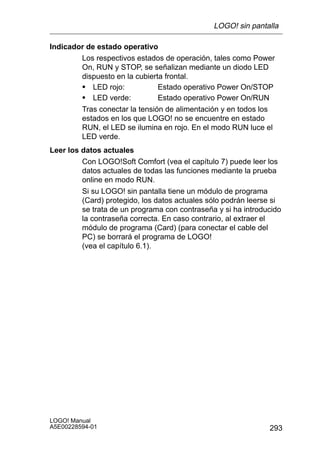 LOGO! sin pantalla

Indicador de estado operativo
        Los respectivos estados de operación, tales como Power
        On, RUN y STOP, se señalizan mediante un diodo LED
        dispuesto en la cubierta frontal.
        S LED rojo:            Estado operativo Power On/STOP
        S LED verde:           Estado operativo Power On/RUN
        Tras conectar la tensión de alimentación y en todos los
        estados en los que LOGO! no se encuentre en estado
        RUN, el LED se ilumina en rojo. En el modo RUN luce el
        LED verde.
Leer los datos actuales
         Con LOGO!Soft Comfort (vea el capítulo 7) puede leer los
         datos actuales de todas las funciones mediante la prueba
         online en modo RUN.
         Si su LOGO! sin pantalla tiene un módulo de programa
         (Card) protegido, los datos actuales sólo podrán leerse si
         se trata de un programa con contraseña y si ha introducido
         la contraseña correcta. En caso contrario, al extraer el
         módulo de programa (Card) (para conectar el cable del
         PC) se borrará el programa de LOGO!
         (vea el capítulo 6.1).




LOGO! Manual
A5E00228594-01                                                 293
 