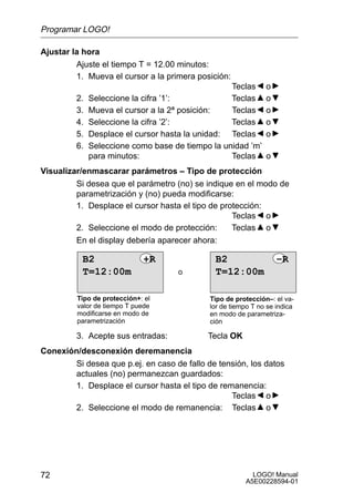 Programar LOGO!

Ajustar la hora
         Ajuste el tiempo T = 12.00 minutos:
         1. Mueva el cursor a la primera posición:
                                                  Teclas       o
         2.   Seleccione la cifra ’1’:            Teclas       o
         3.   Mueva el cursor a la 2ª posición:   Teclas       o
         4.   Seleccione la cifra ’2’:            Teclas       o
         5.   Desplace el cursor hasta la unidad: Teclas       o
         6.   Seleccione como base de tiempo la unidad ’m’
              para minutos:                       Teclas       o
Visualizar/enmascarar parámetros – Tipo de protección
         Si desea que el parámetro (no) se indique en el modo de
         parametrización y (no) pueda modificarse:
         1. Desplace el cursor hasta el tipo de protección:
                                                   Teclas o
         2. Seleccione el modo de protección:      Teclas o
         En el display debería aparecer ahora:

           B2                +R               B2                   –R
           T=12:00m                 o         T=12:00m

         Tipo de protección+: el             Tipo de protección–: el va-
         valor de tiempo T puede             lor de tiempo T no se indica
         modificarse en modo de              en modo de parametriza-
         parametrización                     ción

         3. Acepte sus entradas:            Tecla OK
Conexión/desconexión deremanencia
        Si desea que p.ej. en caso de fallo de tensión, los datos
        actuales (no) permanezcan guardados:
        1. Desplace el cursor hasta el tipo de remanencia:
                                                  Teclas o
        2. Seleccione el modo de remanencia: Teclas o




72                                                        LOGO! Manual
                                                        A5E00228594-01
 