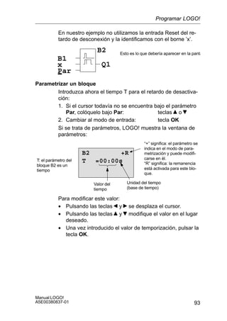 93
Manual LOGO!
A5E00380837-01
En nuestro ejemplo no utilizamos la entrada Reset del re-
tardo de desconexión y la identificamos con el borne ’x’.
x
B1
Par
Q1
B2 Esto es lo que debería aparecer en la panta
Parametrizar un bloque
Introduzca ahora el tiempo T para el retardo de desactiva-
ción:
1. Si el cursor todavía no se encuentra bajo el parámetro
Par, colóquelo bajo Par: teclas o
2. Cambiar al modo de entrada: tecla OK
Si se trata de parámetros, LOGO! muestra la ventana de
parámetros:
“+” significa: el parámetro se
indica en el modo de para-
metrización y puede modifi-
carse en él.
“R” significa: la remanencia
está activada para este blo-
que.
T: el parámetro del
bloque B2 es un
tiempo
B2 +R
T =00:00s
Valor del
tiempo
Unidad del tiempo
(base de tiempo)
Para modificar este valor:
• Pulsando las teclas y se desplaza el cursor.
• Pulsando las teclas y modifique el valor en el lugar
deseado.
• Una vez introducido el valor de temporización, pulsar la
tecla OK.
Programar LOGO!
 