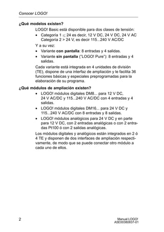 Manual LOGO!
A5E00380837-01
2
¿Qué modelos existen?
LOGO! Basic está disponible para dos clases de tensión:
• Categoría 1  24 es decir, 12 V DC, 24 V DC, 24 V AC
Categoría 2  24 V, es decir 115...240 V AC/DC
Y a su vez:
• Variante con pantalla: 8 entradas y 4 salidas.
• Variante sin pantalla (”LOGO! Pure”): 8 entradas y 4
salidas.
Cada variante está integrada en 4 unidades de división
(TE), dispone de una interfaz de ampliación y le facilita 36
funciones básicas y especiales preprogramadas para la
elaboración de su programa.
¿Qué módulos de ampliación existen?
• LOGO! módulos digitales DM8... para 12 V DC,
24 V AC/DC y 115...240 V AC/DC con 4 entradas y 4
salidas.
• LOGO! módulos digitales DM16... para 24 V DC y
115...240 V AC/DC con 8 entradas y 8 salidas.
• LOGO! módulos analógicos para 24 V DC y en parte
para 12 V DC, con 2 entradas analógicas o con 2 entra-
das Pt100 ó con 2 salidas analógicas.
Los módulos digitales y analógicos están integrados en 2 ó
4 TE y disponen de dos interfaces de ampliación respecti-
vamente, de modo que se puede conectar otro módulo a
cada uno de ellos.
Conocer LOGO!
 