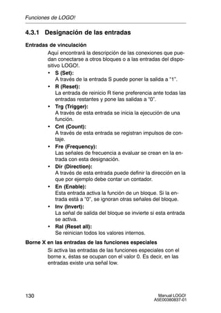 Manual LOGO!
A5E00380837-01
130
4.3.1 Designación de las entradas
Entradas de vinculación
Aquí encontrará la descripción de las conexiones que pue-
dan conectarse a otros bloques o a las entradas del dispo-
sitivo LOGO!.
• S (Set):
A través de la entrada S puede poner la salida a “1”.
• R (Reset):
La entrada de reinicio R tiene preferencia ante todas las
entradas restantes y pone las salidas a “0”.
• Trg (Trigger):
A través de esta entrada se inicia la ejecución de una
función.
• Cnt (Count):
A través de esta entrada se registran impulsos de con-
taje.
• Fre (Frequency):
Las señales de frecuencia a evaluar se crean en la en-
trada con esta designación.
• Dir (Direction):
A través de esta entrada puede definir la dirección en la
que por ejemplo debe contar un contador.
• En (Enable):
Esta entrada activa la función de un bloque. Si la en-
trada está a “0”, se ignoran otras señales del bloque.
• Inv (Invert):
La señal de salida del bloque se invierte si esta entrada
se activa.
• Ral (Reset all):
Se reinician todos los valores internos.
Borne X en las entradas de las funciones especiales
Si activa las entradas de las funciones especiales con el
borne x, éstas se ocupan con el valor 0. Es decir, en las
entradas existe una señal low.
Funciones de LOGO!
 