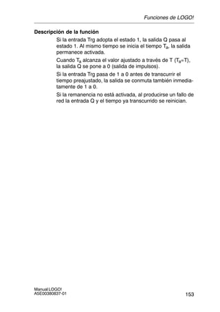 153
Manual LOGO!
A5E00380837-01
Descripción de la función
Si la entrada Trg adopta el estado 1, la salida Q pasa al
estado 1. Al mismo tiempo se inicia el tiempo Ta, la salida
permanece activada.
Cuando Ta alcanza el valor ajustado a través de T (Ta=T),
la salida Q se pone a 0 (salida de impulsos).
Si la entrada Trg pasa de 1 a 0 antes de transcurrir el
tiempo preajustado, la salida se conmuta también inmedia-
tamente de 1 a 0.
Si la remanencia no está activada, al producirse un fallo de
red la entrada Q y el tiempo ya transcurrido se reinician.
Funciones de LOGO!
 