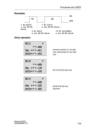 173
Manual LOGO!
A5E00380837-01
Resultado
On
Off
1 de marzo
a las 00:00
horas
4 de abril
a las 00:00 horas
B1 B2
7 de julio
a las 00:00 horas
19 de noviembre
a las 00:00 horas
Otros ejemplos
B11 +
**–DD
On =**–01
Off=**–02
siempre conectar el 1 de cada
mes, desconectar el 2 de cada
mes
B12 +
**–DD
On =**–10
Off=**–20
del 10 al 20 de cada mes
B13 +
**–DD
On =**–25
Off=**–05
del 25 al 05 del mes
siguiente
Funciones de LOGO!
 