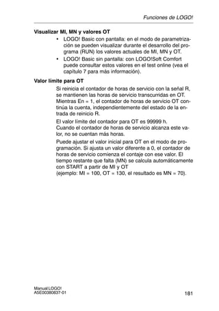181
Manual LOGO!
A5E00380837-01
Visualizar MI, MN y valores OT
• LOGO! Basic con pantalla: en el modo de parametriza-
ción se pueden visualizar durante el desarrollo del pro-
grama (RUN) los valores actuales de MI, MN y OT.
• LOGO! Basic sin pantalla: con LOGO!Soft Comfort
puede consultar estos valores en el test online (vea el
capítulo 7 para más información).
Valor límite para OT
Si reinicia el contador de horas de servicio con la señal R,
se mantienen las horas de servicio transcurridas en OT.
Mientras En = 1, el contador de horas de servicio OT con-
tinúa la cuenta, independientemente del estado de la en-
trada de reinicio R.
El valor límite del contador para OT es 99999 h.
Cuando el contador de horas de servicio alcanza este va-
lor, no se cuentan más horas.
Puede ajustar el valor inicial para OT en el modo de pro-
gramación. Si ajusta un valor diferente a 0, el contador de
horas de servicio comienza el contaje con ese valor. El
tiempo restante que falta (MN) se calcula automáticamente
con START a partir de MI y OT
(ejemplo: MI = 100, OT = 130, el resultado es MN = 70).
Funciones de LOGO!
 