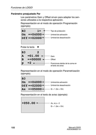 Manual LOGO!
A5E00380837-01
188
Parámetro preajustado Par
Los parámetros Gain y Offset sirven para adaptar los sen-
sores utilizados a la respectiva aplicación.
Representación en el modo de operación Programación
(ejemplo):
B3 1+
On =+04000
Off =+02000
Tipo de protección
Umbral de activación
Umbral de desactivación
Pulse la tecla
Posiciones detrás de la coma en
el texto de aviso
B3 2
A =01.00
B =+00000
p =2
Offset
Gain
Representación en el modo de operación Parametrización
(ejemplo):
B3
On =+04000
Off =+02000
Ax =+05000
Umbral de activación
Umbral de desactivación
Q = 1 (Ax  On)
Representación en el texto de aviso (ejemplo):
+050.00 Ax, si p = 2
Q = 1 (Ax  On)
Funciones de LOGO!
 