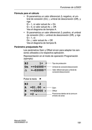 191
Manual LOGO!
A5E00380837-01
Fórmula para el cálculo
• Si parametriza un valor diferencial n negativo, el um-
bral de conexión (On)  umbral de desconexión (Off), y
rige:
Q = 1, si valor actual Ax  On
Q = 0, si valor actual Ax  Off.
Vea el diagrama de tiempos A.
• Si parametriza un valor diferencial n positivo, el umbral
de conexión (On)  umbral de desconexión (Off), y rige
Q = 1, si:
On  valor actual Ax  Off.
Vea el diagrama de tiempos B.
Parámetro preajustado Par
Los parámetros Gain y Offset sirven para adaptar los sen-
sores utilizados a la respectiva aplicación.
Representación en el modo de operación Programación
(ejemplo):
B3 1+
On =+04000
n =–02000
Tipo de protección
Umbral de conexión/desconexión
Valor diferencial para umbral de
conexión/desconexión
Pulse la tecla
Posiciones detrás de la coma en
el texto de aviso
B3 2
A =01.00
B =+00000
p =2
Offset
Gain
Funciones de LOGO!
 
