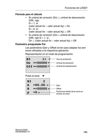 195
Manual LOGO!
A5E00380837-01
Fórmula para el cálculo
• Si umbral de conexión (On)  umbral de desconexión
(Off), rige:
Q = 1, si:
(valor actual Ax – valor actual Ay)  On
Q = 0, si:
(valor actual Ax – valor actual Ay)  Off.
• Si umbral de conexión (On)  umbral de desconexión
(Off), rige Q = 1, si:
On  (valor actual Ax – valor actual Ay)  Off.
Parámetro preajustado Par
Los parámetros Gain y Offset sirven para adaptar los sen-
sores utilizados a la respectiva aplicación.
Representación en el modo de programación:
B3 1+
On =+00000
Off =+00000
Tipo de protección
Umbral de activación
Umbral de desactivación
Pulse la tecla
Posiciones detrás de la coma en
el texto de aviso
B3 2
A =00.00
B =+00000
p =0
Offset
Gain
Funciones de LOGO!
 