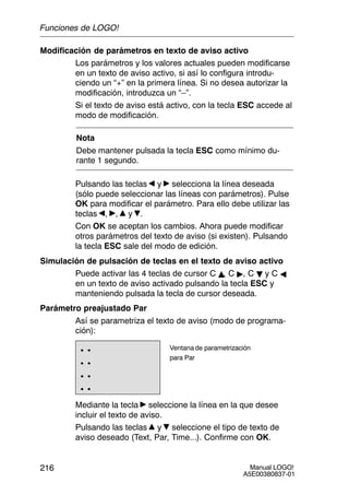 Manual LOGO!
A5E00380837-01
216
Modificación de parámetros en texto de aviso activo
Los parámetros y los valores actuales pueden modificarse
en un texto de aviso activo, si así lo configura introdu-
ciendo un “+” en la primera línea. Si no desea autorizar la
modificación, introduzca un “–”.
Si el texto de aviso está activo, con la tecla ESC accede al
modo de modificación.
Nota
Debe mantener pulsada la tecla ESC como mínimo du-
rante 1 segundo.
Pulsando las teclas y selecciona la línea deseada
(sólo puede seleccionar las líneas con parámetros). Pulse
OK para modificar el parámetro. Para ello debe utilizar las
teclas , , y .
Con OK se aceptan los cambios. Ahora puede modificar
otros parámetros del texto de aviso (si existen). Pulsando
la tecla ESC sale del modo de edición.
Simulación de pulsación de teclas en el texto de aviso activo
Puede activar las 4 teclas de cursor C Y, C , C B y C A
en un texto de aviso activado pulsando la tecla ESC y
manteniendo pulsada la tecla de cursor deseada.
Parámetro preajustado Par
Así se parametriza el texto de aviso (modo de programa-
ción):
..
..
..
..
Ventana de parametrización
para Par
Mediante la tecla seleccione la línea en la que desee
incluir el texto de aviso.
Pulsando las teclas y seleccione el tipo de texto de
aviso deseado (Text, Par, Time...). Confirme con OK.
Funciones de LOGO!
 