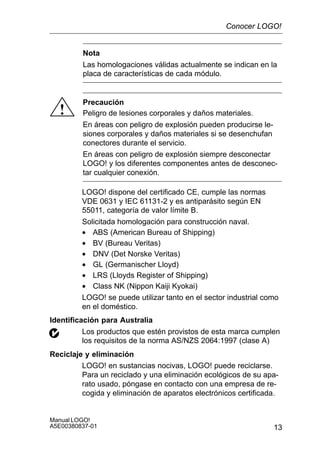 13
Manual LOGO!
A5E00380837-01
Nota
Las homologaciones válidas actualmente se indican en la
placa de características de cada módulo.
!
Precaución
Peligro de lesiones corporales y daños materiales.
En áreas con peligro de explosión pueden producirse le-
siones corporales y daños materiales si se desenchufan
conectores durante el servicio.
En áreas con peligro de explosión siempre desconectar
LOGO! y los diferentes componentes antes de desconec-
tar cualquier conexión.
LOGO! dispone del certificado CE, cumple las normas
VDE 0631 y IEC 61131-2 y es antiparásito según EN
55011, categoría de valor límite B.
Solicitada homologación para construcción naval.
• ABS (American Bureau of Shipping)
• BV (Bureau Veritas)
• DNV (Det Norske Veritas)
• GL (Germanischer Lloyd)
• LRS (Lloyds Register of Shipping)
• Class NK (Nippon Kaiji Kyokai)
LOGO! se puede utilizar tanto en el sector industrial como
en el doméstico.
Identificación para Australia
Los productos que estén provistos de esta marca cumplen
los requisitos de la norma AS/NZS 2064:1997 (clase A)
Reciclaje y eliminación
LOGO! en sustancias nocivas, LOGO! puede reciclarse.
Para un reciclado y una eliminación ecológicos de su apa-
rato usado, póngase en contacto con una empresa de re-
cogida y eliminación de aparatos electrónicos certificada.
Conocer LOGO!
 
