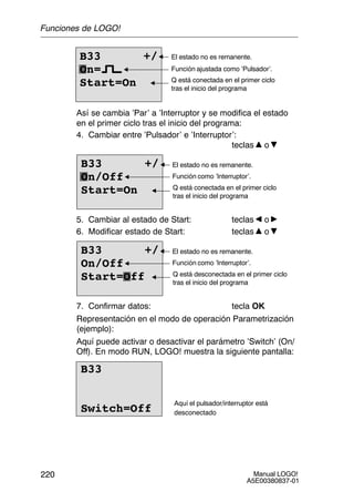 Manual LOGO!
A5E00380837-01
220
B33 +/
On=
Start=On
Función ajustada como ’Pulsador’.
El estado no es remanente.
Q está conectada en el primer ciclo
tras el inicio del programa
Así se cambia ’Par’ a ’Interruptor y se modifica el estado
en el primer ciclo tras el inicio del programa:
4. Cambiar entre ’Pulsador’ e ’Interruptor’:
teclas o
B33 +/
On/Off
Start=On
Función como ’Interruptor’.
El estado no es remanente.
Q está conectada en el primer ciclo
tras el inicio del programa
5. Cambiar al estado de Start: teclas o
6. Modificar estado de Start: teclas o
B33 +/
On/Off
Start=Off
Función como ’Interruptor’.
El estado no es remanente.
Q está desconectada en el primer ciclo
tras el inicio del programa
7. Confirmar datos: tecla OK
Representación en el modo de operación Parametrización
(ejemplo):
Aquí puede activar o desactivar el parámetro ’Switch’ (On/
Off). En modo RUN, LOGO! muestra la siguiente pantalla:
B33
Switch=Off
Aquí el pulsador/interruptor está
desconectado
Funciones de LOGO!
 