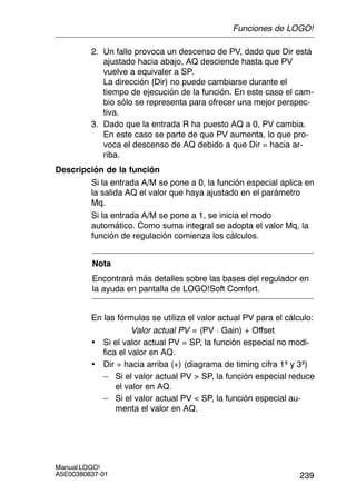 239
Manual LOGO!
A5E00380837-01
2. Un fallo provoca un descenso de PV, dado que Dir está
ajustado hacia abajo, AQ desciende hasta que PV
vuelve a equivaler a SP.
La dirección (Dir) no puede cambiarse durante el
tiempo de ejecución de la función. En este caso el cam-
bio sólo se representa para ofrecer una mejor perspec-
tiva.
3. Dado que la entrada R ha puesto AQ a 0, PV cambia.
En este caso se parte de que PV aumenta, lo que pro-
voca el descenso de AQ debido a que Dir = hacia ar-
riba.
Descripción de la función
Si la entrada A/M se pone a 0, la función especial aplica en
la salida AQ el valor que haya ajustado en el parámetro
Mq.
Si la entrada A/M se pone a 1, se inicia el modo
automático. Como suma integral se adopta el valor Mq, la
función de regulación comienza los cálculos.
Nota
Encontrará más detalles sobre las bases del regulador en
la ayuda en pantalla de LOGO!Soft Comfort.
En las fórmulas se utiliza el valor actual PV para el cálculo:
Valor actual PV = (PV  Gain) + Offset
• Si el valor actual PV = SP, la función especial no modi-
fica el valor en AQ.
• Dir = hacia arriba (+) (diagrama de timing cifra 1ª y 3ª)
– Si el valor actual PV  SP, la función especial reduce
el valor en AQ.
– Si el valor actual PV  SP, la función especial au-
menta el valor en AQ.
Funciones de LOGO!
 