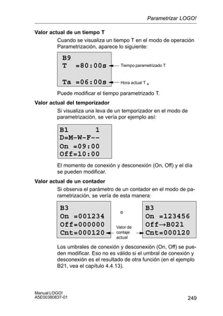 249
Manual LOGO!
A5E00380837-01
Valor actual de un tiempo T
Cuando se visualiza un tiempo T en el modo de operación
Parametrización, aparece lo siguiente:
B9
Ta =06:00s
T =80:00s Tiempo parametrizado T
Hora actual T a
Puede modificar el tiempo parametrizado T.
Valor actual del temporizador
Si visualiza una leva de un temporizador en el modo de
parametrización, se vería por ejemplo así:
B1 1
Off=10:00
D=M–W–F––
On =09:00
El momento de conexión y desconexión (On, Off) y el día
se pueden modificar.
Valor actual de un contador
Si observa el parámetro de un contador en el modo de pa-
rametrización, se vería de esta manera:
B3
On =001234
Off=000000
Cnt=000120
o
B3
On =123456
Off!B021
Cnt=000120
Valor de
contaje
actual
Los umbrales de conexión y desconexión (On, Off) se pue-
den modificar. Eso no es válido si el umbral de conexión y
desconexión es el resultado de otra función (en el ejemplo
B21, vea el capítulo 4.4.13).
Parametrizar LOGO!
 