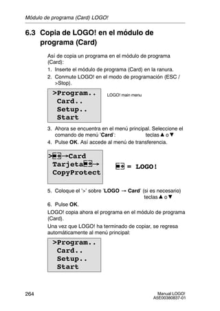 Manual LOGO!
A5E00380837-01
264
6.3 Copia de LOGO! en el módulo de
programa (Card)
Así de copia un programa en el módulo de programa
(Card):
1. Inserte el módulo de programa (Card) en la ranura.
2. Conmute LOGO! en el modo de programación (ESC /
Stop).
Program..
Card..
Setup..
Start
LOGO! main menu
3. Ahora se encuentra en el menú principal. Seleccione el
comando de menú ’Card’: teclas o
4. Pulse OK. Así accede al menú de transferencia.
 Card
Tarjeta 
CopyProtect
= LOGO!
5. Coloque el ’’ sobre ’LOGO ³ Card’ (si es necesario)
teclas o
6. Pulse OK.
LOGO! copia ahora el programa en el módulo de programa
(Card).
Una vez que LOGO! ha terminado de copiar, se regresa
automáticamente al menú principal:
Program..
Card..
Setup..
Start
Módulo de programa (Card) LOGO!
 