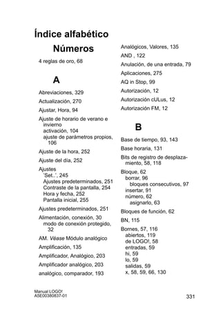 331
Manual LOGO!
A5E00380837-01
Índice alfabético
Números
4 reglas de oro, 68
A
Abreviaciones, 329
Actualización, 270
Ajustar, Hora, 94
Ajuste de horario de verano e
invierno
activación, 104
ajuste de parámetros propios,
106
Ajuste de la hora, 252
Ajuste del día, 252
Ajustes
’Set..’, 245
Ajustes predeterminados, 251
Contraste de la pantalla, 254
Hora y fecha, 252
Pantalla inicial, 255
Ajustes predeterminados, 251
Alimentación, conexión, 30
modo de conexión protegido,
32
AM. Véase Módulo analógico
Amplificación, 135
Amplificador, Analógico, 203
Amplificador analógico, 203
analógico, comparador, 193
Analógicos, Valores, 135
AND , 122
Anulación, de una entrada, 79
Aplicaciones, 275
AQ in Stop, 99
Autorización, 12
Autorización cULus, 12
Autorización FM, 12
B
Base de tiempo, 93, 143
Base horaria, 131
Bits de registro de desplaza-
miento, 58, 118
Bloque, 62
borrar, 96
bloques consecutivos, 97
insertar, 91
número, 62
asignarlo, 63
Bloques de función, 62
BN, 115
Bornes, 57, 116
abiertos, 119
de LOGO!, 58
entradas, 59
hi, 59
lo, 59
salidas, 59
x, 58, 59, 66, 130
 