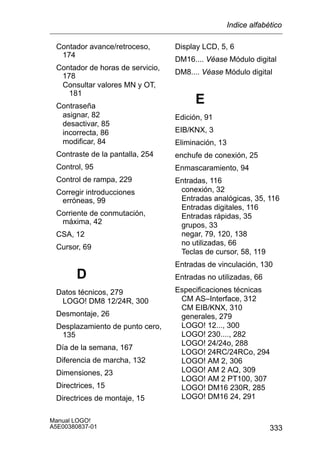 333
Manual LOGO!
A5E00380837-01
Contador avance/retroceso,
174
Contador de horas de servicio,
178
Consultar valores MN y OT,
181
Contraseña
asignar, 82
desactivar, 85
incorrecta, 86
modificar, 84
Contraste de la pantalla, 254
Control, 95
Control de rampa, 229
Corregir introducciones
erróneas, 99
Corriente de conmutación,
máxima, 42
CSA, 12
Cursor, 69
D
Datos técnicos, 279
LOGO! DM8 12/24R, 300
Desmontaje, 26
Desplazamiento de punto cero,
135
Día de la semana, 167
Diferencia de marcha, 132
Dimensiones, 23
Directrices, 15
Directrices de montaje, 15
Display LCD, 5, 6
DM16.... Véase Módulo digital
DM8.... Véase Módulo digital
E
Edición, 91
EIB/KNX, 3
Eliminación, 13
enchufe de conexión, 25
Enmascaramiento, 94
Entradas, 116
conexión, 32
Entradas analógicas, 35, 116
Entradas digitales, 116
Entradas rápidas, 35
grupos, 33
negar, 79, 120, 138
no utilizadas, 66
Teclas de cursor, 58, 119
Entradas de vinculación, 130
Entradas no utilizadas, 66
Especificaciones técnicas
CM AS–Interface, 312
CM EIB/KNX, 310
generales, 279
LOGO! 12..., 300
LOGO! 230...., 282
LOGO! 24/24o, 288
LOGO! 24RC/24RCo, 294
LOGO! AM 2, 306
LOGO! AM 2 AQ, 309
LOGO! AM 2 PT100, 307
LOGO! DM16 230R, 285
LOGO! DM16 24, 291
Indice alfabético
 