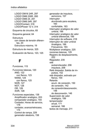 Manual LOGO!
A5E00380837-01
334
LOGO! DM16 24R, 297
LOGO! DM8 230R, 285
LOGO! DM8 24, 291
LOGO! DM8 24R, 297
LOGO!Contact, 318
LOGO!Power 12 V, 314
Esquema de circuitos, 65
Esquema general, 64
Estructura
con clases de tensión diferen-
tes, 20
Estructura máxima, 19
Estructura de menús, 325
Evaluación de flanco, 123, 125
F
Funciones, 115
Funciones básicas, 120
AND, 122
con flanco, 123
NAND, 124
con flanco, 125
NOR, 127
NOT, 128
OR, 126
XOR, 128
Funciones especiales, 138
Amplificador analógico, 203
comparador analógico, 193
Contador, Horas de servicio,
178
contador, avance/retroceso,
174
Control de rampa, 229
generador aleatorio, 158
generador de impulsos,
asíncrono, 157
interruptor
alumbrado para escalera,
160
confortable, 163
Interruptor analógico de valor
umbral, 186
Interruptor analógico de valor
umbral diferencial, 189
Interruptor de software, 218
Interruptor de valor umbral
Analógico, 186
Frecuencia, 183
Multiplexor analógico, 225
nociones básicas, 129
Registro de desplazamiento,
222
Regulador, 235
relé
autoenclavador, 206
impulsos, 208
Relé disipador, Salida de im-
pulsos, 152
relé disipador, activado por
flanco, 154
Retardo
acum. de conexión, 150
de conexión, 142
de conexión/desconexión,
148
de desconexión, 146
Supervisión de valor
analógico, 199
temporizador
anual, 171
semanal, 166
textos de mensaje, 211
Indice alfabético
 