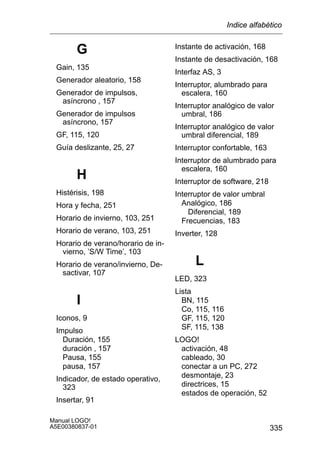 335
Manual LOGO!
A5E00380837-01
G
Gain, 135
Generador aleatorio, 158
Generador de impulsos,
asíncrono , 157
Generador de impulsos
asíncrono, 157
GF, 115, 120
Guía deslizante, 25, 27
H
Histérisis, 198
Hora y fecha, 251
Horario de invierno, 103, 251
Horario de verano, 103, 251
Horario de verano/horario de in-
vierno, ’S/W Time’, 103
Horario de verano/invierno, De-
sactivar, 107
I
Iconos, 9
Impulso
Duración, 155
duración , 157
Pausa, 155
pausa, 157
Indicador, de estado operativo,
323
Insertar, 91
Instante de activación, 168
Instante de desactivación, 168
Interfaz AS, 3
Interruptor, alumbrado para
escalera, 160
Interruptor analógico de valor
umbral, 186
Interruptor analógico de valor
umbral diferencial, 189
Interruptor confortable, 163
Interruptor de alumbrado para
escalera, 160
Interruptor de software, 218
Interruptor de valor umbral
Analógico, 186
Diferencial, 189
Frecuencias, 183
Inverter, 128
L
LED, 323
Lista
BN, 115
Co, 115, 116
GF, 115, 120
SF, 115, 138
LOGO!
activación, 48
cableado, 30
conectar a un PC, 272
desmontaje, 23
directrices, 15
estados de operación, 52
Indice alfabético
 