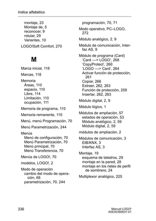 Manual LOGO!
A5E00380837-01
336
montaje, 23
Montaje de, 5
reconocer, 9
rotular, 29
Variantes, 10
LOGO!Soft Comfort, 270
M
Marca inicial, 118
Marcas, 118
Memoria
Áreas, 110
espacio, 110
Libre, 114
Limitación, 110
ocupación, 111
Memoria de programa, 110
Memoria remanente, 110
Menú, menú Programación, 70
Menú Parametrización, 244
Menús
Menú de configuración, 70
Menú Parametrización, 70
Menú principal, 70
Menú Transferencia, 70
Menús de LOGO!, 70
modelos, LOGO!, 2
Modo de operación
cambio del modo de opera-
ción, 68
parametrización, 70, 244
programación, 70, 71
Modo operativo, PC–LOGO,
272
Módulo analógico, 2, 9
Módulo de comunicación, Inter-
faz AS, 9
Módulo de programa (Card)
’Card –– LOGO’, 268
’CopyProtect’, 260
’LOGO –– Card’, 264
Activar función de protección,
261
Copiar, 266
Extraer, 262, 263
Función de protección, 259
Insertar, 262, 263
Módulo digital, 2, 9
Módulo lógico, 1
Módulos de ampliación, 57
estados de operación, 53
Módulo analógico, 2, 59
Módulo digital, 2, 59
módulos de ampliación, 2
Módulos de comunicación, 3
EIB/KNX, 3
Interfaz AS, 3
Montaje, 19
esquema de taladros, 29
montaje en la pared, 28
montaje en los rieles de perfil
de sombrero, 24
Multiplexor analógico, 225
Indice alfabético
 