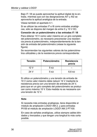 Manual LOGO!
A5E00380837-01
36
Bajo I7 / I8 se puede aprovechar la aptitud digital de la en-
trada, mientras que con las designaciones AI1 y AI2 se
aprovecha la aptitud analógica de la entrada.
Véase también el apartado 4.1.
Si se utilizan las entradas I7 e I8 como entradas analógi-
cas, sólo se dispone del margen de entre 0 y 10 V DC.
Conexión de un potenciómetro a las entradas I7 / I8
Para obtener 10 V como valor máximo en un giro completo
del potenciómetro, es necesario preconectar una resisten-
cia previa al potenciómetro, independientemente de la ten-
sión de entrada del potenciómetro (véase la siguiente
figura).
Se recomiendan los siguientes valores de los potencióme-
tros utilizables y de la resistencia previa correspondiente:
Tensión Potenciómetro Resistencia
previa
12 V 5 kW –
24 V 5 kW 6,6 kW
Si utiliza un potenciómetro y una tensión de entrada de
10 V como valor máximo debe reducir 14 V mediante la
resistencia previa con una tensión de entrada de 24 V,
para que en un giro completo del potenciómetro se produz-
can como máximo 10 V. Esta medida no es necesaria con
una tensión de 12 V.
Nota
Si necesita más entradas analógicas, tiene disponible el
módulo de ampliación LOGO! AM 2, y para entradas
Pt100 el módulo de ampliación LOGO! AM 2 PT100.
En caso de señales analógicas, utilice siempre cables blin-
dados y trenzados y que tengan una longitud lo más corta
posible.
Montar y cablear LOGO!
 