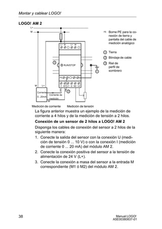 Manual LOGO!
A5E00380837-01
38
LOGO! AM 2
Medición de corriente Medición de tensión
ML+
L+
M
Corriente
U1 I2 M2 U2I1 M1
PE
L+M
Corriente de
medición
0...20mA
1
2
1
PE
Tierra
Blindaje de cable
Borne PE para la co-
nexión de tierra y
pantalla del cable de
medición analógico
3 3 Riel de
perfil de
sombrero
RUN/STOP
2
M
ML+
La figura anterior muestra un ejemplo de la medición de
corriente a 4 hilos y de la medición de tensión a 2 hilos.
Conexión de un sensor de 2 hilos a LOGO! AM 2
Disponga los cables de conexión del sensor a 2 hilos de la
siguiente manera:
1. Conecte la salida del sensor con la conexión U (medi-
ción de tensión 0 ... 10 V) o con la conexión I (medición
de corriente 0 ... 20 mA) del módulo AM 2.
2. Conecte la conexión positiva del sensor a la tensión de
alimentación de 24 V (L+).
3. Conecte la conexión a masa del sensor a la entrada M
correspondiente (M1 ó M2) del módulo AM 2.
Montar y cablear LOGO!
 