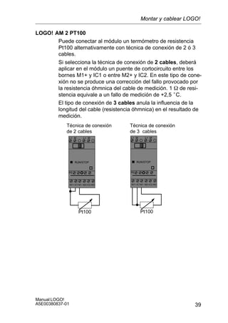 39
Manual LOGO!
A5E00380837-01
LOGO! AM 2 PT100
Puede conectar al módulo un termómetro de resistencia
Pt100 alternativamente con técnica de conexión de 2 ó 3
cables.
Si selecciona la técnica de conexión de 2 cables, deberá
aplicar en el módulo un puente de cortocircuito entre los
bornes M1+ y IC1 o entre M2+ y IC2. En este tipo de cone-
xión no se produce una corrección del fallo provocado por
la resistencia óhmnica del cable de medición. 1 W de resi-
stencia equivale a un fallo de medición de +2,5Ă°C.
El tipo de conexión de 3 cables anula la influencia de la
longitud del cable (resistencia óhmnica) en el resultado de
medición.
M1+
PE
L+ M
RUN/STOP
L+ M
IC1 IC2M1- M2+ M2-
Pt100
M1+
PE
L+ M
RUN/STOP
L+ M
IC1 IC2M1- M2+ M2-
Pt100
Técnica de conexión
de 2 cables
Técnica de conexión
de 3 cables
Montar y cablear LOGO!
 