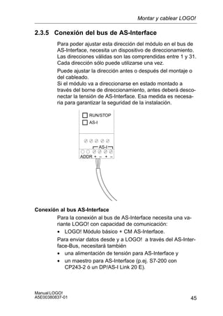 45
Manual LOGO!
A5E00380837-01
2.3.5 Conexión del bus de AS-Interface
Para poder ajustar esta dirección del módulo en el bus de
AS-Interface, necesita un dispositivo de direccionamiento.
Las direcciones válidas son las comprendidas entre 1 y 31.
Cada dirección sólo puede utilizarse una vez.
Puede ajustar la dirección antes o después del montaje o
del cableado.
Si el módulo va a direccionarse en estado montado a
través del borne de direccionamiento, antes deberá desco-
nectar la tensión de AS-Interface. Esa medida es necesa-
ria para garantizar la seguridad de la instalación.
+ –ADDR
RUN/STOP
AS-I
+ –
AS-I
Conexión al bus AS-Interface
Para la conexión al bus de AS-Interface necesita una va-
riante LOGO! con capacidad de comunicación:
• LOGO! Módulo básico + CM AS-Interface.
Para enviar datos desde y a LOGO! a través del AS-Inter-
face-Bus, necesitará también
• una alimentación de tensión para AS-Interface y
• un maestro para AS-Interface (p.ej. S7-200 con
CP243-2 ó un DP/AS-I Link 20 E).
Montar y cablear LOGO!
 