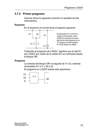 73
Manual LOGO!
A5E00380837-01
3.7.2 Primer programa
Veamos ahora la siguiente conexión en paralelo de dos
interruptores.
Esquema
En el esquema el circuito tiene el aspecto siguiente:
K1
S1
K1
S2
E1
El interruptor S1 o el S2 co-
necta el consumidor. para
LOGO! la conexión en para-
lelo de los interruptores es un
’O’ porque los interruptores
S1 o S2 activan la salida.
Traducido al programa de LOGO!, significa que el relé K1
(en LOGO! por medio de la salida Q1) se controlará desde
el bloque OR.
Programa
La entrada del bloque OR va seguida de I1 e I2, estando
conectados S1 a I1 y S2 a I2.
El programa en LOGO! tendrá esta apariencia:
I1
I2
x
Q1
w1
Programar LOGO!
 