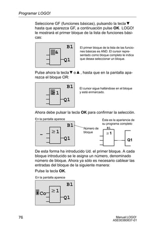 Manual LOGO!
A5E00380837-01
76
Seleccione GF (funciones básicas), pulsando la tecla
hasta que aparezca GF, a continuación pulse OK. LOGO!
le mostrará el primer bloque de la lista de funciones bási-
cas:
El primer bloque de la lista de las funcio-
nes básicas es AND. El cursor repre-
sentado como bloque completo le indica
que desea seleccionar un bloque.

B1
Q1
Pulse ahora la tecla o , hasta que en la pantalla apa-
rezca el bloque OR:
w1
B1
Q1
El cursor sigue hallándose en el bloque
y está enmarcado.
Ahora debe pulsar la tecla OK para confirmar la selección.
w1
En la pantalla aparece
B1
Q1
B1
w1
Q1
Ésta es la apariencia de
su programa completo
Número de
bloque
–
De esta forma ha introducido Ud. el primer bloque. A cada
bloque introducido se le asigna un número, denominado
número de bloque. Ahora ya sólo es necesario cablear las
entradas del bloque de la siguiente manera:
Pulse la tecla OK.
w1
En la pantalla aparece
B1
Q1
Co
Programar LOGO!
 