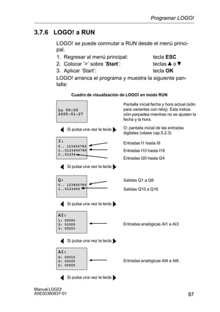 87
Manual LOGO!
A5E00380837-01
3.7.6 LOGO! a RUN
LOGO! se puede conmutar a RUN desde el menú princi-
pal.
1. Regresar al menú principal: tecla ESC
2. Colocar ’’ sobre ’Start’: teclas o
3. Aplicar ’Start’: tecla OK
LOGO! arranca el programa y muestra la siguiente pan-
talla:
Cuadro de visualización de LOGO! en modo RUN
Pantalla inicial:fecha y hora actual (sólo
para variantes con reloj). Esta indica-
ción parpadea mientras no se ajusten la
fecha y la hora.
2005-01-27
Lu 09:00
Si pulsa una vez la tecla
Entradas I1 hasta I9
I:
0.. 123456789
1..0123456789
2..01234
Entradas I20 hasta I24
Entradas I10 hasta I19
Si pulsa una vez la tecla
Q:
0.. 123456789
1..0123456
Salidas Q1 a Q9
Salidas Q10 a Q16
Si pulsa una vez la tecla
AI:
1: 00000
2: 01000
3: 00253
Entradas analógicas AI1 a AI3
Si pulsa una vez la tecla
AI:
4: 00010
5: 00000
6: 00005
Entradas analógicas AI4 a AI6
Si pulsa una vez la tecla
O: pantalla inicial de las entradas
digitales (véase cap.5.2.3)
Programar LOGO!
 
