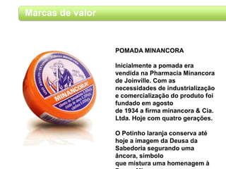Marcas de valor
POMADA MINANCORA
Inicialmente a pomada era
vendida na Pharmacia Minancora
de Joinville. Com as
necessidades de industrialização
e comercialização do produto foi
fundado em agosto
de 1934 a firma minancora & Cia.
Ltda. Hoje com quatro gerações.
O Potinho laranja conserva até
hoje a imagem da Deusa da
Sabedoria segurando uma
âncora, símbolo
que mistura uma homenagem à
 
