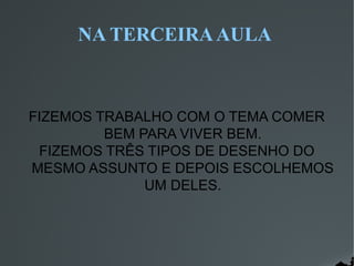 NA TERCEIRA AULA

FIZEMOS TRABALHO COM O TEMA COMER
BEM PARA VIVER BEM.
FIZEMOS TRÊS TIPOS DE DESENHO DO
MESMO ASSUNTO E DEPOIS ESCOLHEMOS
UM DELES.

 