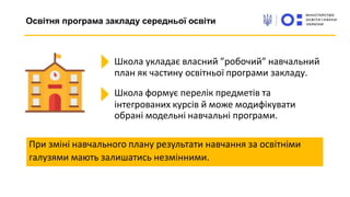 Освітня програма закладу середньої освіти
Школа укладає власний ”робочий” навчальний
план як частину освітньої програми закладу.
Школа формує перелік предметів та
інтегрованих курсів й може модифікувати
обрані модельні навчальні програми.
При зміні навчального плану результати навчання за освітніми
галузями мають залишатись незмінними.
 
