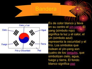 Bandera
Es de color blanco y lleva
en su centro el yin-yang. El
yang (símbolo rojo)
significa la luz y el calor, el
yin (símbolo azul)
representa la oscuridad y el
frío. Los símbolos que
rodean el yin-yang son
cuatro de los taeguks, que
simbolizan cielo, agua,
fuego y tierra. El fondo
blanco significa paz
 