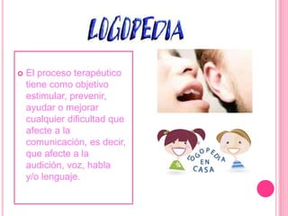  El proceso terapéutico
tiene como objetivo
estimular, prevenir,
ayudar o mejorar
cualquier dificultad que
afecte a la
comunicación, es decir,
que afecte a la
audición, voz, habla
y/o lenguaje.
 
