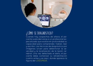 ¿CÓMO SE DIAGNOSTICA?
Cuando hay sospechas de afasia, el pa-
ciente suele derivarse a un profesional es-
pecializado que evalúe en profundidad su
capacidad para comprender, hablar, leer
y escribir. Las técnicas de diagnóstico por
imágenes sirven para determinar la se-
veridad y la localización de la lesión ce-
rebral. Una vez detectado el daño, el pa-
ciente debe comenzar su rehabilitación
cuanto antes y es aquí, donde aparece la
figura del LOGOPEDA.
 
