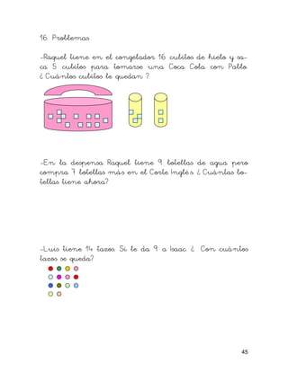 16. Problemas

-Raquel tiene en el congelador 16 cubitos de hielo y sa-
ca 5 cubitos para tomarse una Coca Cola con Pablo.
¿ Cuántos cubitos le quedan ?




-En la despensa Raquel tiene 9 botellas de agua pero
compra 7 botellas más en el Corte Inglé s. ¿ Cuántas bo-
tellas tiene ahora?




-Luis tiene 14 tazos. Si le da 9 a Isaac. ¿ Con cuántos
tazos se queda?




                                                      45
 