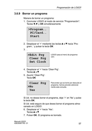 57
Manual LOGO!
A5E00067783 01
3.6.9 Borrar un programa
Manera de borrar un programa:
1. Conmutar LOGO! al modo de servicio ”Programación”:
Teclas , y OK simultáneamente
Program..
PC/Card..
Start
2. Desplazar el ’’ mediante las teclas o hacia ’Pro-
gram..’ y pulsar la tecla OK
3. .
Edit Prg
Clear Prg
Set Clock
LOGO! pasa al menú de programa-
ción:
4. Desplazar el ’’ hacia ’Clear Prg’:
Teclas o
5. Asumir ’Clear Prg’:
Tecla OK
Clear Prg
No
Yes
Para evitar que se borre por descuido el
programa, hemos previsto adicional-
mente esta consulta.
Si Ud. no desea borrar el programa, deje ’’ en ’No’ y pulse
la tecla OK.
Si Ud. está seguro de que desea borrar el programa alma-
cenado en LOGO!:
6. Desplazar el ’’ hacia ’Yes’:
Teclas o
7. Pulsar OK. El programa es borrado.
Programación de LOGO!
 