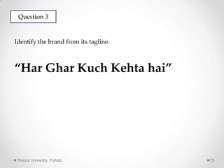 Question 3

Identify the brand from its tagline.

“Har Ghar Kuch Kehta hai”

Thapar University, Patiala

75

 