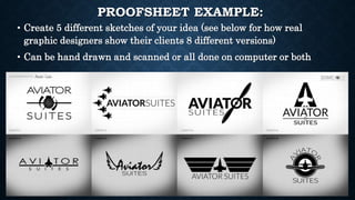 PROOFSHEET EXAMPLE:
• Create 5 different sketches of your idea (see below for how real
graphic designers show their clients 8 different versions)
• Can be hand drawn and scanned or all done on computer or both
 