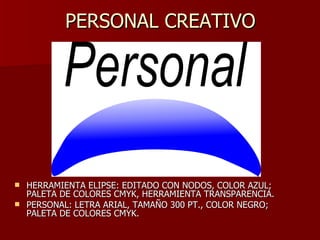 PERSONAL CREATIVO HERRAMIENTA ELIPSE: EDITADO CON NODOS, COLOR AZUL; PALETA DE COLORES CMYK, HERRAMIENTA TRANSPARENCIA. PERSONAL: LETRA ARIAL, TAMAÑO 300 PT., COLOR NEGRO; PALETA DE COLORES CMYK. 