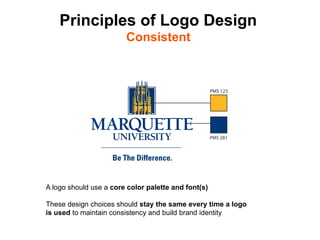 Principles of Logo Design
                        Consistent




A logo should use a core color palette and font(s)

These design choices should stay the same every time a logo
is used to maintain consistency and build brand identity	

 